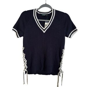NWT Lauren Ralph Lauren Small Navy blue Nautical V Neck Sweater Top Side ties